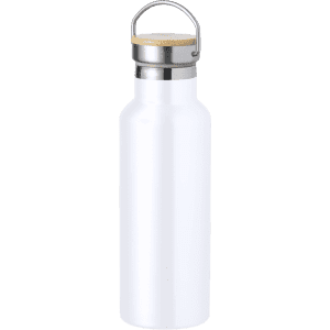 A drink bottle in white with a metal lid and a bamboo accent. It has a handle and features a logo.