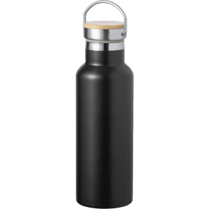 A drink bottle in matte black with a stainless steel lid and bamboo accent, featuring a logo.