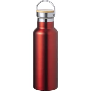 A drink bottle in a slick, red finish with a metallic cap and wooden accent. It features a logo.