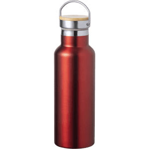 A drink bottle in shiny red metal with a stainless steel top and a wooden lid, featuring a handle.