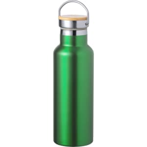A drink bottle featuring a sleek green finish, stainless steel cap, and wooden accent. The design includes a logo.