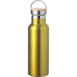 A drink bottle made of insulated golden metal with a silver cap and a wooden top handle. It features a logo.