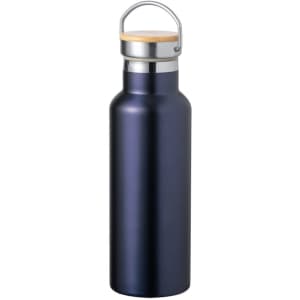 A drink bottle in a dark navy hue with a metal body and a wooden cap. Features a handle and a logo.