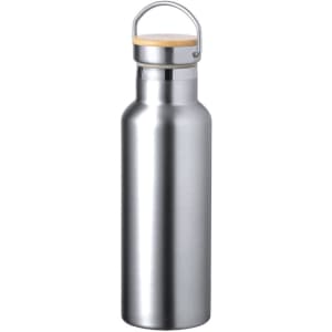 A drink bottle with a sleek stainless steel body and a wooden top, featuring a metal handle.
