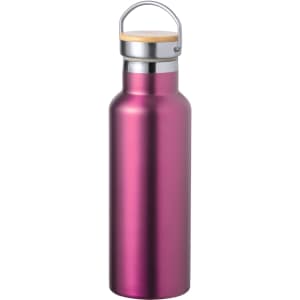 A drink bottle in a vibrant pink colour with a stainless steel cap and a wooden accent, featuring a logo.