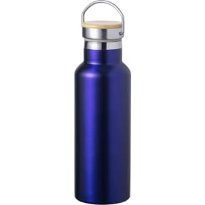 A drink bottle in a vibrant purple finish with a silver cap and wooden accent. Features a logo on the body.