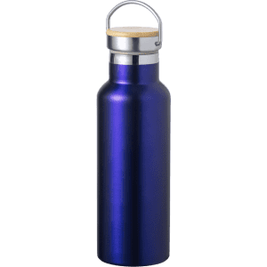 A drink bottle in a deep blue finish with a silver cap and a natural wood accent, featuring a logo.