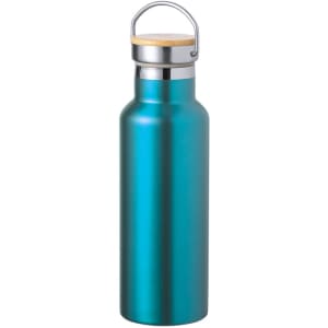 A drink bottle in teal with a silver cap and wooden top, featuring a metal body and a handle.
