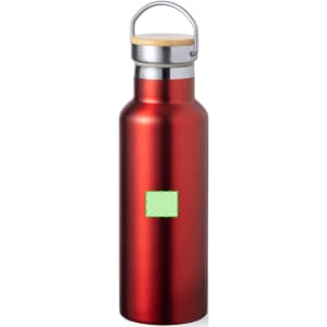 A drink bottle in a vibrant red finish, featuring a metal body and a wooden screw-on lid. It has a logo on the side.