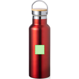 A drink bottle in a shiny red finish with a metal top and a wooden accent; features a logo.