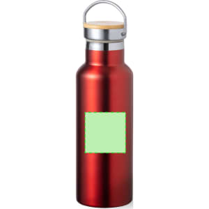 A drink bottle in a shiny red finish with a silver lid and a wooden top. It features a logo on the side.