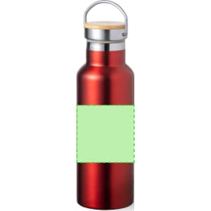 A drink bottle in shiny red metal with a stainless steel lid and a wood accent, featuring a blank label area.