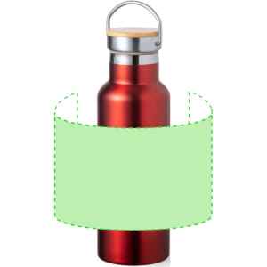 A drink bottle with a metallic red finish, featuring a silver lid and a wooden accent. Includes a logo.