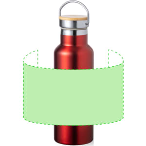 A drink bottle in a sleek red finish, featuring a silver lid and a wooden accent at the top.
