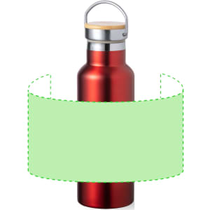 A drink bottle in red with a silver lid and a wooden top, featuring a handle and a logo.