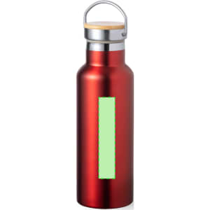 A drink bottle in a shiny red finish with a silver metal lid and a wooden top, featuring a logo.