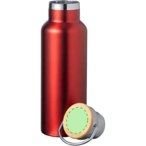 A drink bottle in a shiny red finish with a stainless steel lid and a wooden accent on the cap.