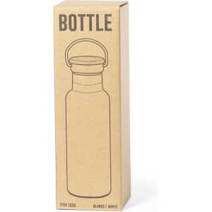 A drink bottle in a white finish, displayed in a cardboard box with an illustration of the bottle and a handle.