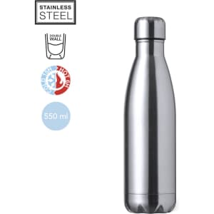 A drink bottle made of stainless steel with a shiny silver finish, featuring a double-wall design and a lid.