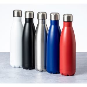 A drink bottle range featuring insulated flasks in white, black, stainless steel, blue, and red, all with metallic caps.