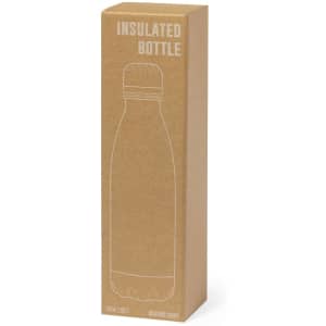 A drink bottle in a cardboard box, featuring a simple outline design and a secure cap. The packaging is plain brown.