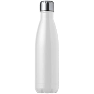 A drink bottle in white with a silver screw-top lid and a sleek, insulated design. It features a logo on its body.