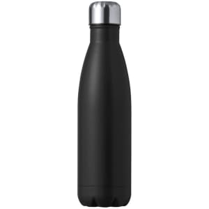 A drink bottle in sleek black with a silver cap, featuring a logo on its surface.