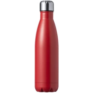 A drink bottle in bright red with a metallic silver cap, featuring a sleek, insulated design.