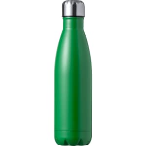 A drink bottle in vibrant green with a stainless steel cap, featuring a sleek, tapered design and a logo.