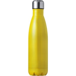 A drink bottle in vibrant yellow with a sleek design and a metallic silver cap, featuring a logo.