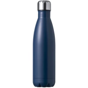 A drink bottle in navy blue with a stainless steel top and a sleek, contoured design. It includes a logo.