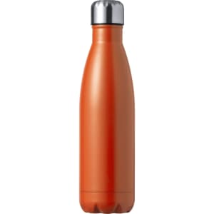 A drink bottle in bright orange with a stainless steel cap and a smooth finish. It features a logo.