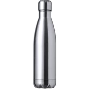 A drink bottle in stainless steel with a sleek, modern design and a standard screw-on lid. It features a logo.