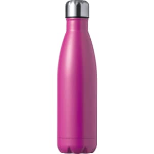 A drink bottle in vibrant pink with a silver cap, featuring a sleek, insulated design and a brand logo.