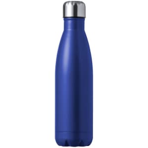 A drink bottle in a sleek blue design with a silver cap and a branded logo. Suitable for both hot and cold beverages.