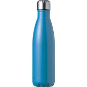 A drink bottle in a vibrant blue colour with a silver cap and a sleek design. It features a logo on the surface.