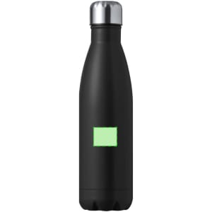 A drink bottle with a sleek black design and a stainless steel cap, featuring a spot for a logo or branding.