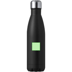 A drink bottle in black with a silver lid, featuring a blank area for custom branding.