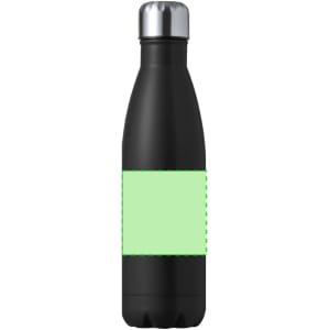 A drink bottle in black with a stainless steel top, featuring a blank green label area.