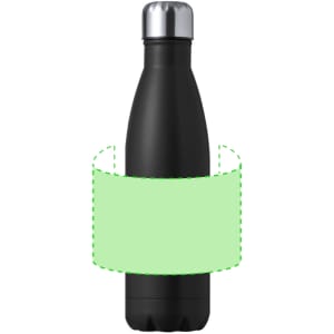 A drink bottle in matte black with a metallic silver lid, featuring a branding logo.