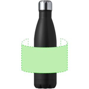 A drink bottle in black with a silver cap, featuring a logo, designed for insulation.