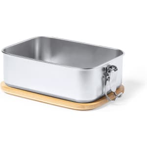 A sleek stainless steel lunch box with a bamboo base, featuring a secure clasp closure.