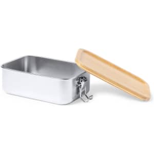 A stainless steel lunch box with a bamboo lid, featuring a latch for secure closure.