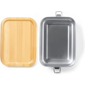 A bamboo lid and a stainless steel lunch box with handles. The box is silver and has a rectangular shape.