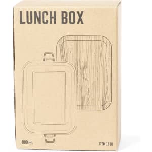 A lunch box in a rectangular shape with a wood-like design, packaged in a kraft box. Includes a logo on the box.