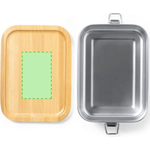 A wooden lunch box lid with a green rectangle and a stainless steel base, featuring handles on each side.