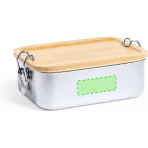 A silver lunch box with a bamboo lid, featuring a green placeholder for branding or labels.