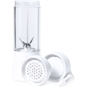 A white blender with a clear container and a removable lid featuring a blade assembly inside.