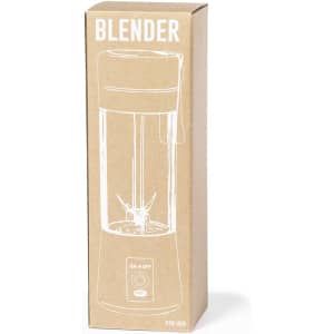 A drink bottle blender in a clear container, housed in a brown cardboard box with a simple design.