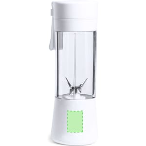 A white portable blender with a clear body and metal blades, featuring a sleek design and a branding logo.